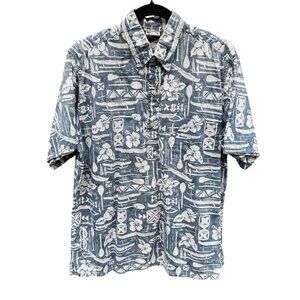 Go‎ Barefoot Vintage Hawaiian Shirt Mens L Blue Floral Print Cotton Short Sleeve